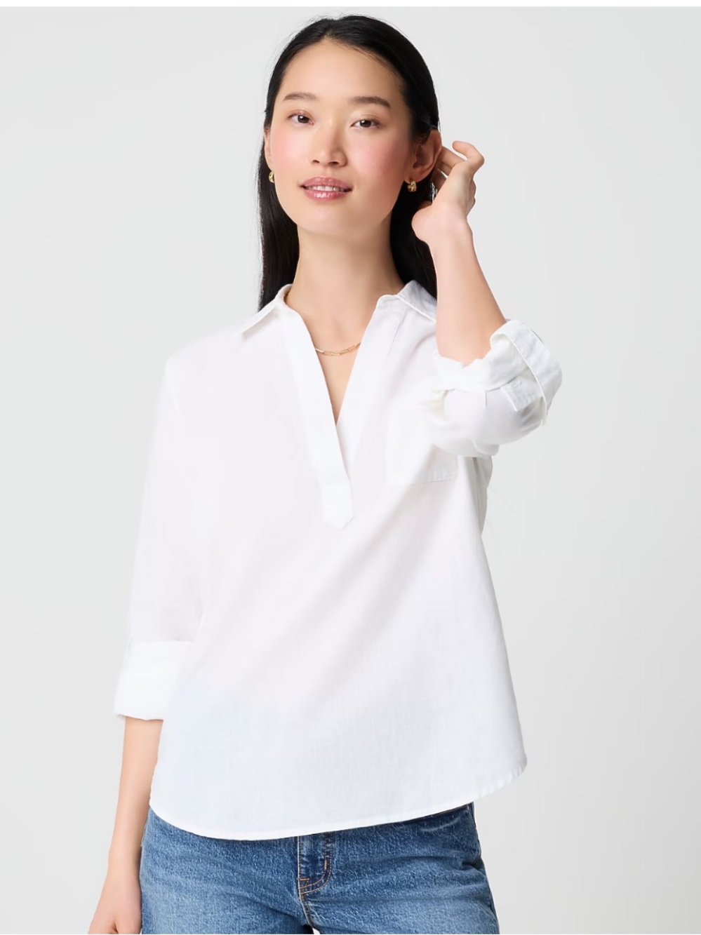 J. Crew Factory White Linen-Blend Popover Blouse